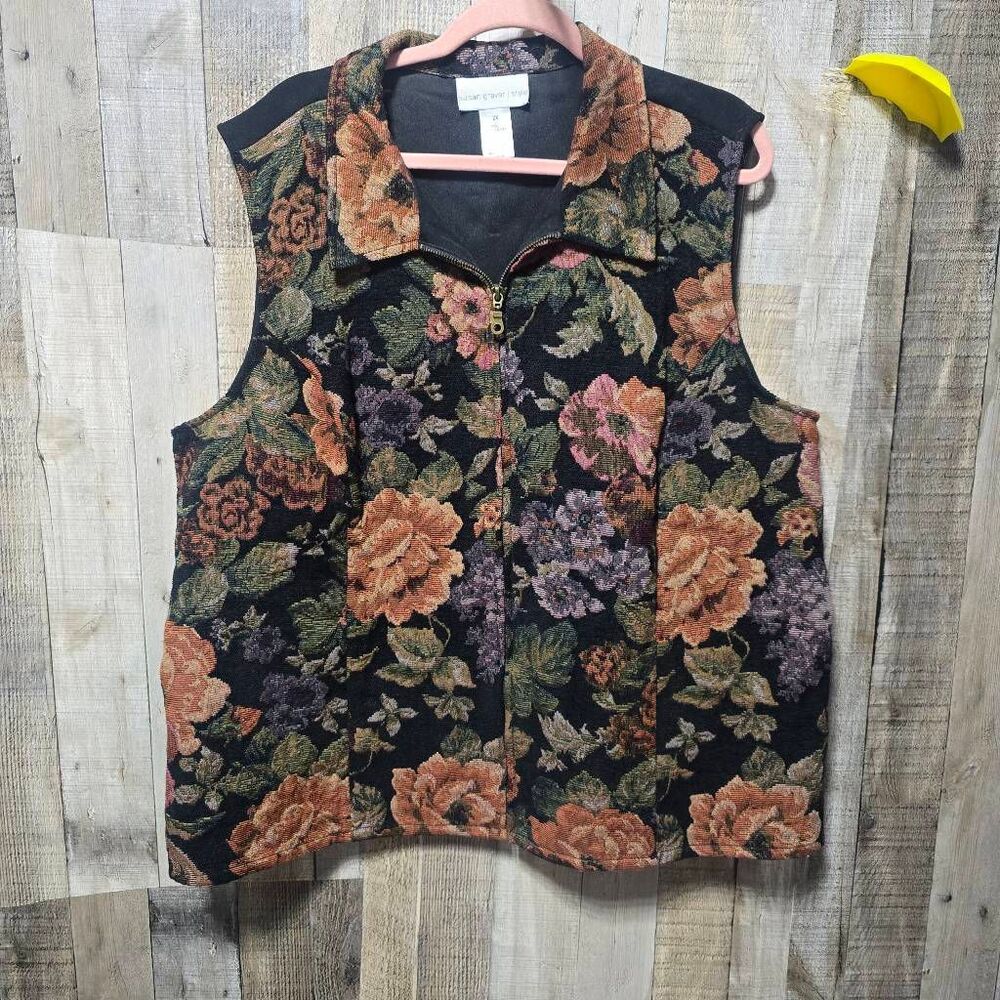 Susan Graver Black Floral Tapestry Faux Suede Vest 2x Plus Fall Boho Hippy Trend